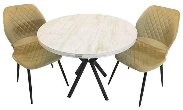 Set masa Hamburg Pin antichizat cu 2 scaune Goteborg bej, DENVER, picioare metalice negre, forma rotunda, 90x73 cm