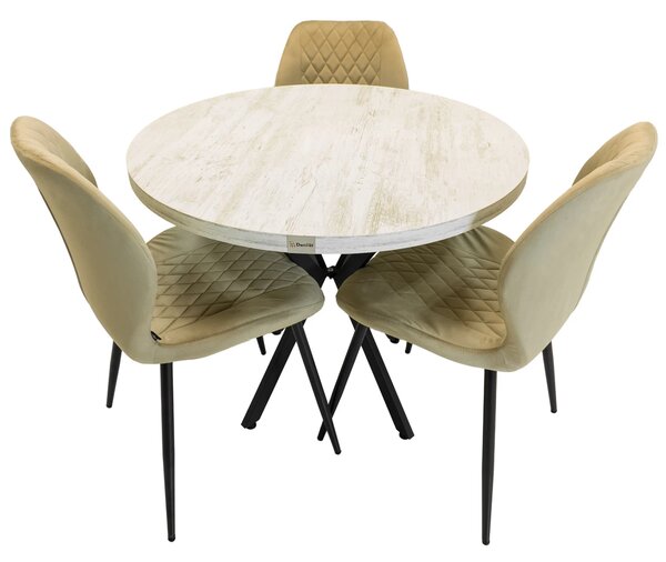 Set masa Hamburg Pin antichizat cu 3 scaune Goteborg bej, DENVER, picioare metalice negre, forma rotunda, 90x73 cm