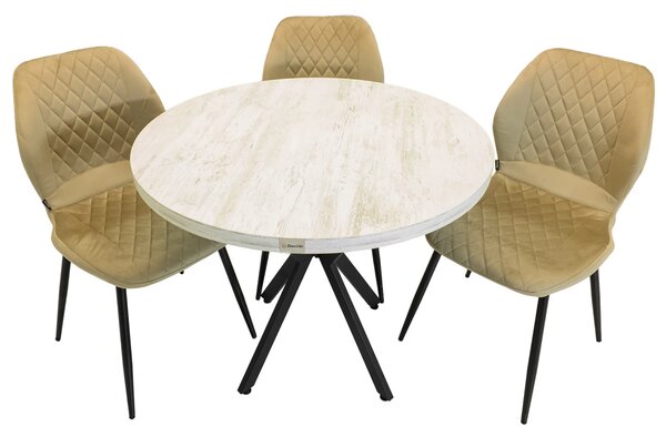 Set masa Hamburg Pin antichizat cu 3 scaune Goteborg bej, DENVER, picioare metalice negre, forma rotunda, 90x73 cm