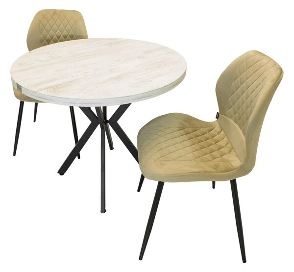 Set masa Hamburg Pin antichizat cu 2 scaune Goteborg bej, DENVER, picioare metalice negre, forma rotunda, 90x73 cm