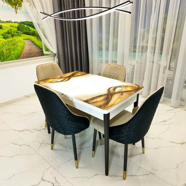 Set masa extensibila Rio cu 4 scaune Modena bej, DENVER, model Golden Flow, picioare negre
