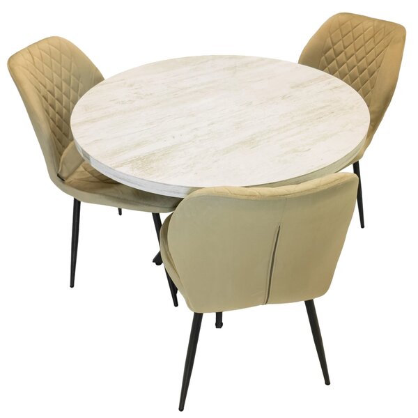Set masa Hamburg Pin antichizat cu 3 scaune Goteborg bej, DENVER, picioare metalice negre, forma rotunda, 90x73 cm
