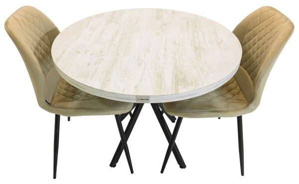 Set masa Hamburg Pin antichizat cu 2 scaune Goteborg bej, DENVER, picioare metalice negre, forma rotunda, 90x73 cm