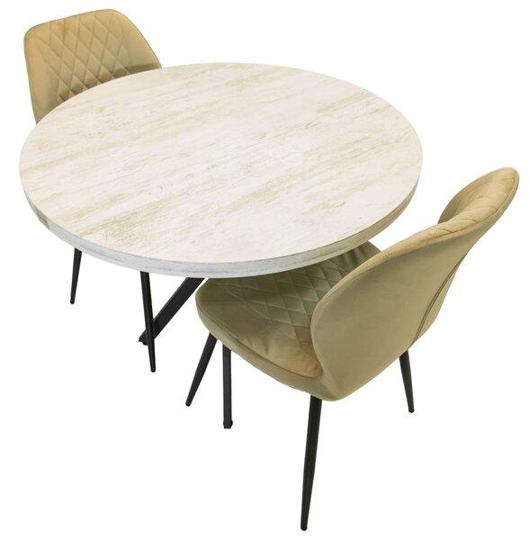 Set masa Hamburg Pin antichizat cu 2 scaune Goteborg bej, DENVER, picioare metalice negre, forma rotunda, 90x73 cm
