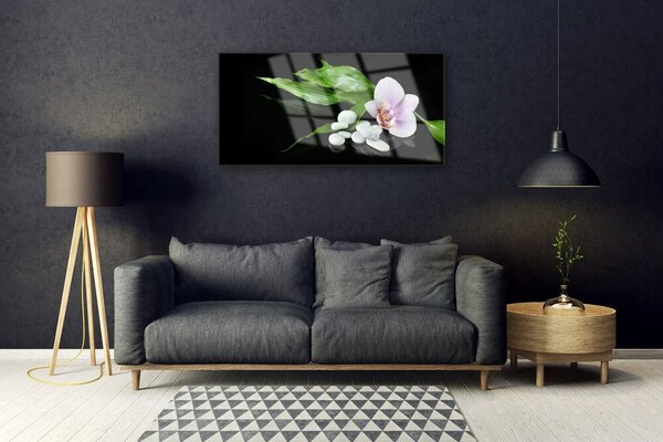 Tablou pe sticla Pietrele de flori Frunze Floral Alb Roz Verde Negru