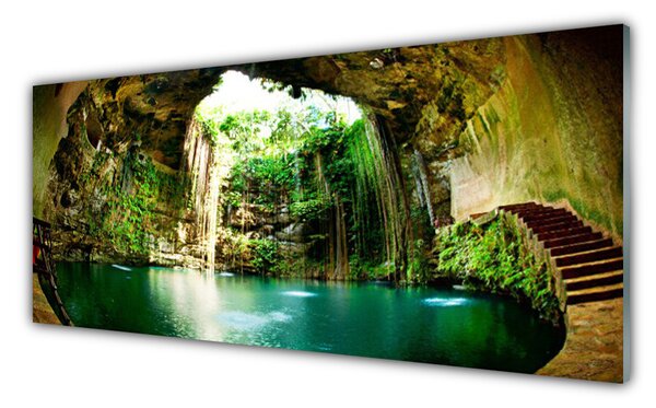 Tablou pe sticla Cascada Peisaj Verde Albastru Maro
