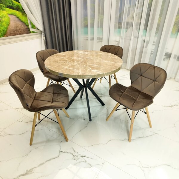 Set masa Hamburg Royal Beige cu 4 scaune Oslo catifea maro, DENVER, picioare metalice negre, forma rotunda, 90x73 cm