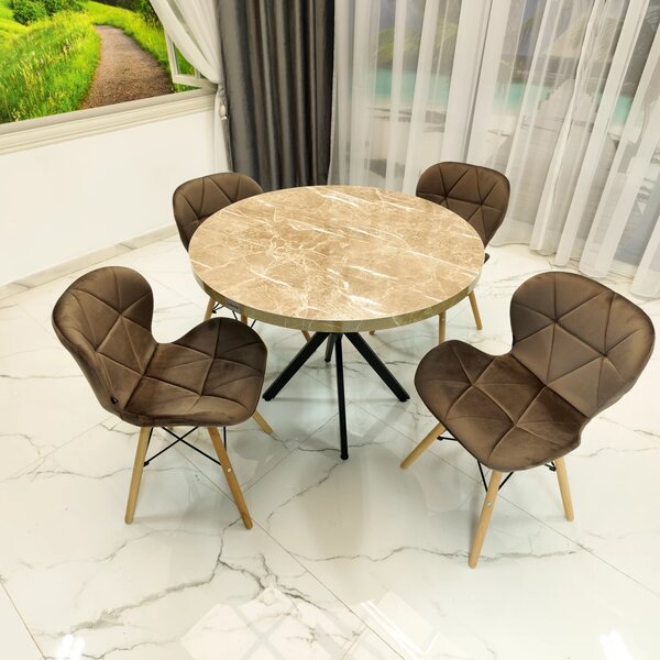 Set masa Hamburg Royal Beige cu 4 scaune Oslo catifea maro, DENVER, picioare metalice negre, forma rotunda, 90x73 cm