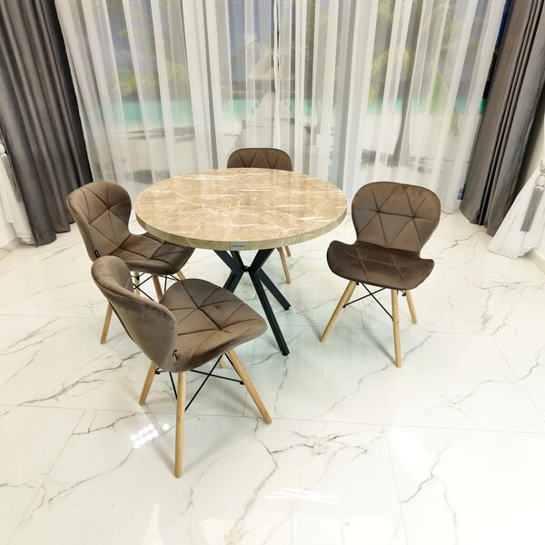 Set masa Hamburg Royal Beige cu 4 scaune Oslo catifea maro, DENVER, picioare metalice negre, forma rotunda, 90x73 cm