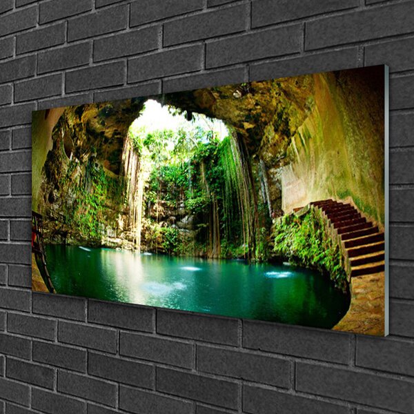 Tablou pe sticla Cascada Peisaj Verde Albastru Maro