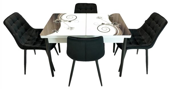 Set masa extensibila Rio cu 4 scaune Osaka negru, DENVER, model Velvet Bloom, picioare negre