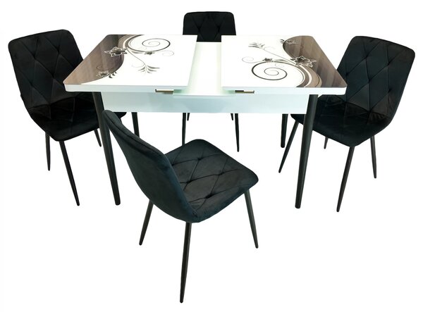 Set masa extensibila Rio cu 4 scaune Kobe negru, DENVER, model Velvet Bloom, picioare negre