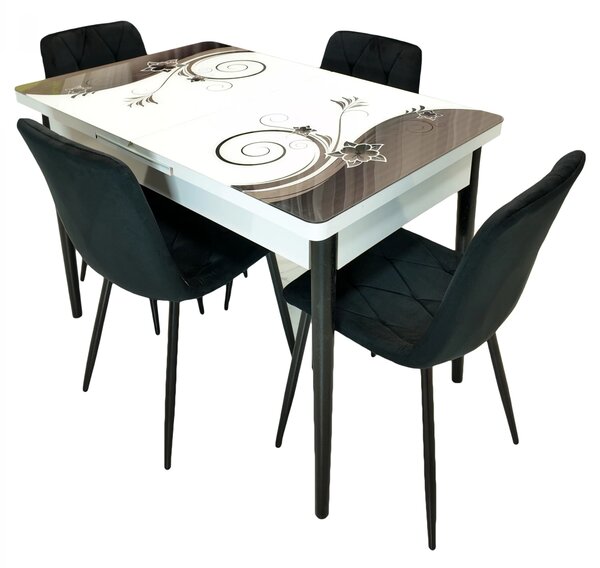 Set masa extensibila Rio cu 4 scaune Kobe negru, DENVER, model Velvet Bloom, picioare negre