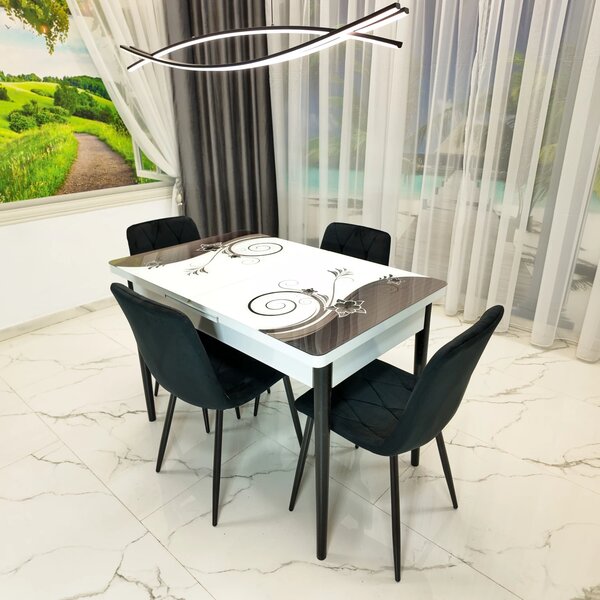 Set masa extensibila Rio cu 4 scaune Kobe negru, DENVER, model Velvet Bloom, picioare negre
