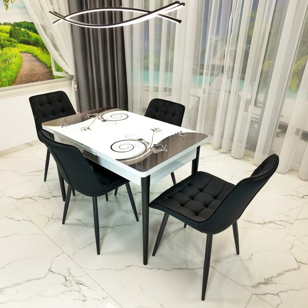 Set masa extensibila Rio cu 4 scaune Osaka negru, DENVER, model Velvet Bloom, picioare negre