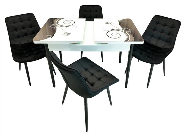 Set masa extensibila Rio cu 4 scaune Osaka negru, DENVER, model Velvet Bloom, picioare negre