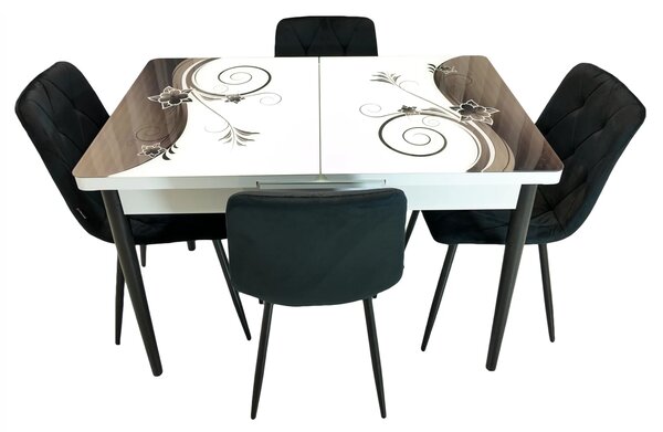 Set masa extensibila Rio cu 4 scaune Kobe negru, DENVER, model Velvet Bloom, picioare negre