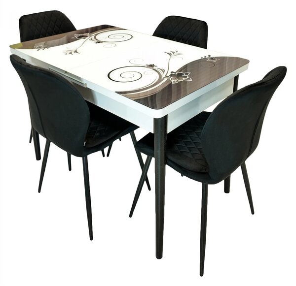 Set masa extensibila Rio cu 4 scaune Goteborg negru, DENVER, model Velvet Bloom, picioare negre