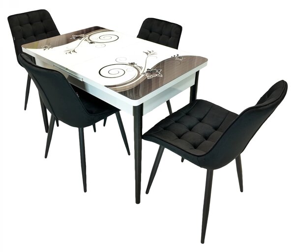 Set masa extensibila Rio cu 4 scaune Osaka negru, DENVER, model Velvet Bloom, picioare negre