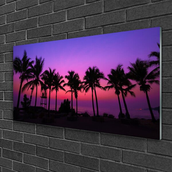 Tablou pe sticla Palm Copaci Peisaj negru violet roz