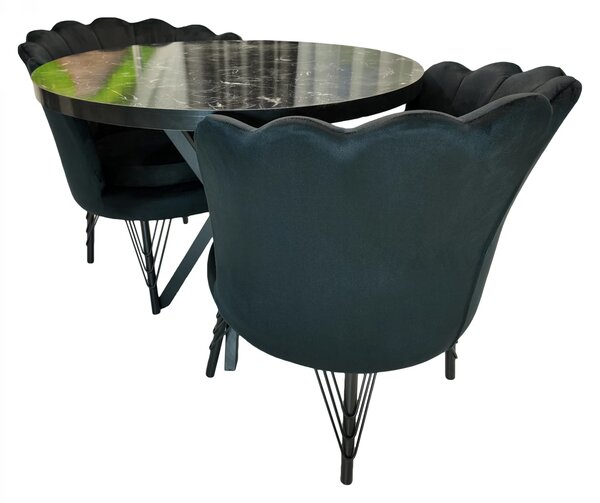 Set masa Hamburg Black Marble cu 2 fotolii Barcelona catifea neagra, DENVER, picioare metalice negre, forma rotunda, 90x73 cm