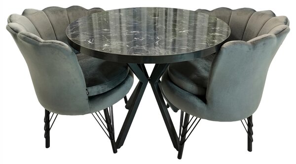 Set masa Hamburg Black Marble cu 2 fotolii Barcelona catifea gri, DENVER, picioare metalice negre, forma rotunda, 90x73 cm