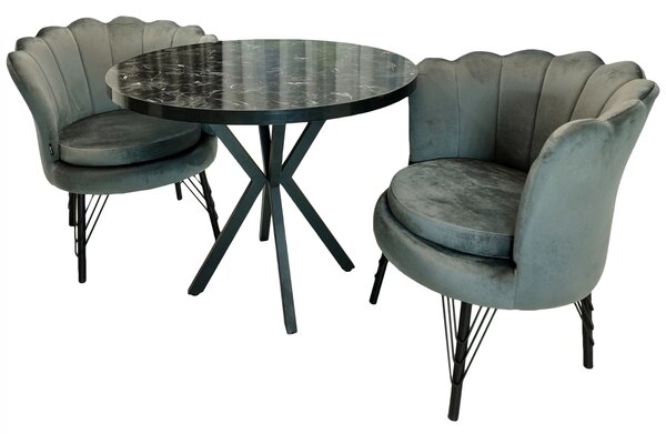 Set masa Hamburg Black Marble cu 2 fotolii Barcelona catifea gri, DENVER, picioare metalice negre, forma rotunda, 90x73 cm