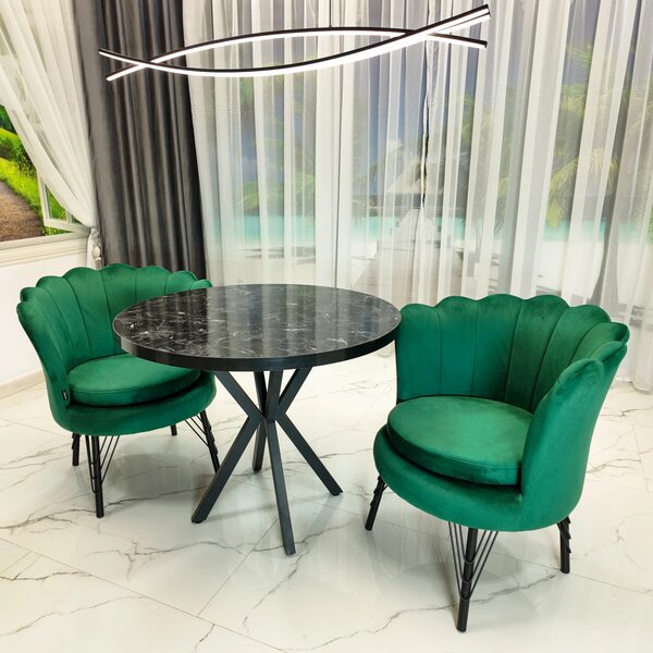 Set masa Hamburg Black Marble cu 2 fotolii Barcelona catifea verde, DENVER, picioare metalice negre, forma rotunda, 90x73 cm