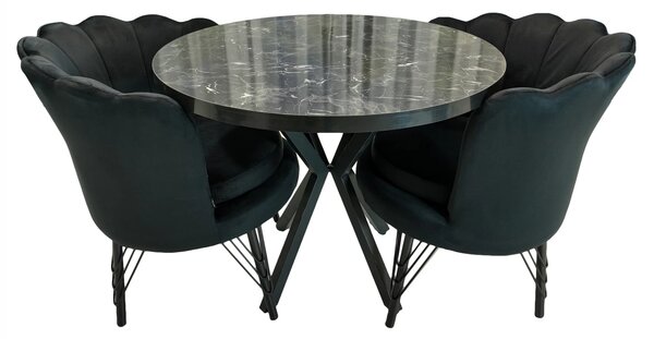 Set masa Hamburg Black Marble cu 2 fotolii Barcelona catifea neagra, DENVER, picioare metalice negre, forma rotunda, 90x73 cm