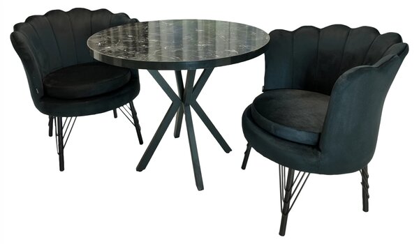 Set masa Hamburg Black Marble cu 2 fotolii Barcelona catifea neagra, DENVER, picioare metalice negre, forma rotunda, 90x73 cm
