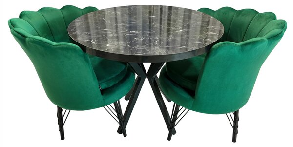 Set masa Hamburg Black Marble cu 2 fotolii Barcelona catifea verde, DENVER, picioare metalice negre, forma rotunda, 90x73 cm