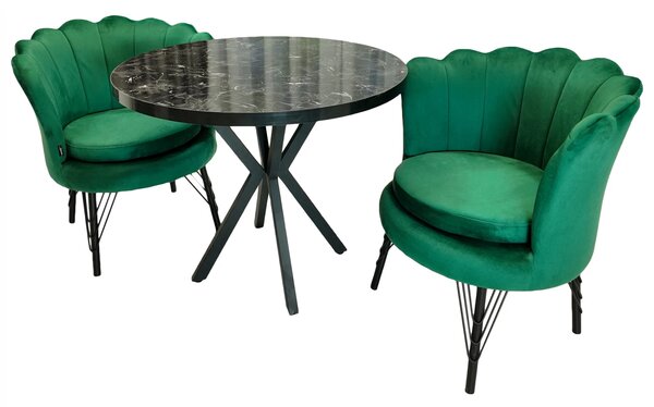 Set masa Hamburg Black Marble cu 2 fotolii Barcelona catifea verde, DENVER, picioare metalice negre, forma rotunda, 90x73 cm