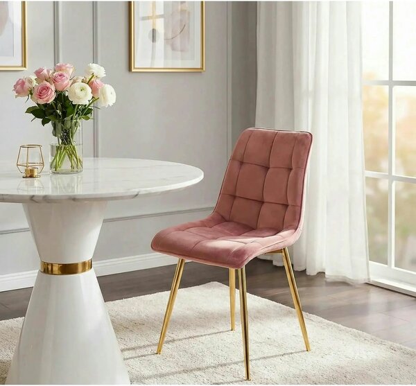 Scaun tapitat stofa catifelata CHIC, roz/auriu, 50x58x88 cm