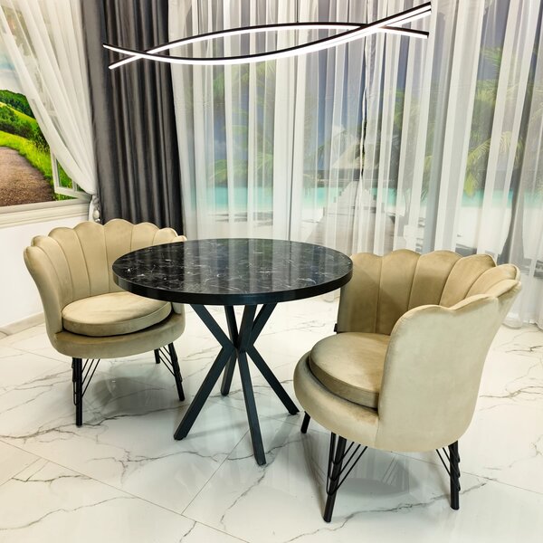 Set masa Hamburg Black Marble cu 2 fotolii Barcelona catifea bej, DENVER, picioare metalice negre, forma rotunda, 90x73 cm