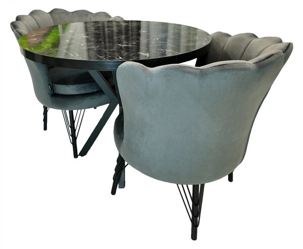 Set masa Hamburg Black Marble cu 2 fotolii Barcelona catifea gri, DENVER, picioare metalice negre, forma rotunda, 90x73 cm