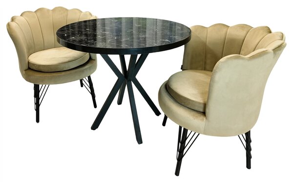 Set masa Hamburg Black Marble cu 2 fotolii Barcelona catifea bej, DENVER, picioare metalice negre, forma rotunda, 90x73 cm