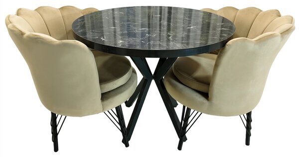 Set masa Hamburg Black Marble cu 2 fotolii Barcelona catifea bej, DENVER, picioare metalice negre, forma rotunda, 90x73 cm