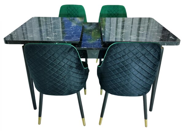 Set masa extensibila Napoli Black Marble cu 4 scaune Modena negru si verde, DENVER, picioare vopsite negru, 130x80x76 cm