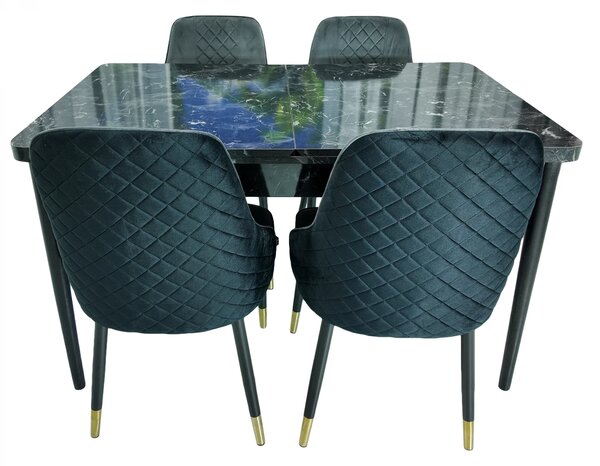 Set masa extensibila Napoli Black Marble cu 4 scaune Modena negru si gri, DENVER, picioare vopsite negru, 130x80x76 cm