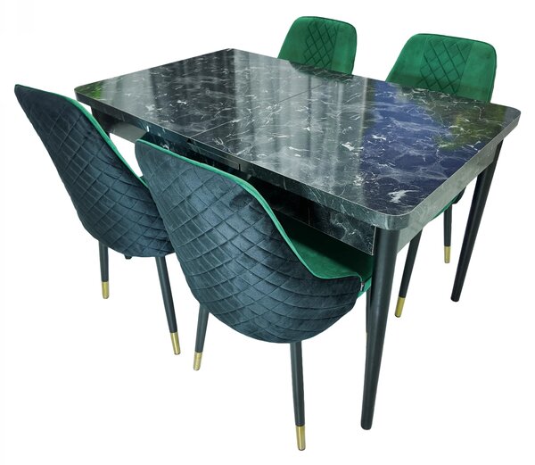 Set masa extensibila Napoli Black Marble cu 4 scaune Modena negru si verde, DENVER, picioare vopsite negru, 130x80x76 cm