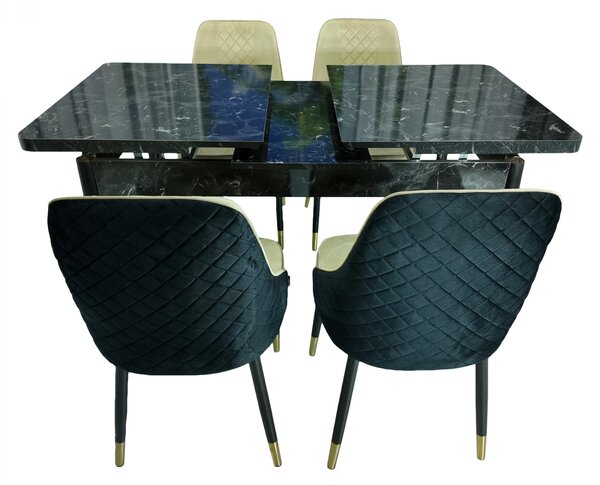 Set masa extensibila Napoli Black Marble cu 4 scaune Modena negru si bej, DENVER, picioare vopsite negru, 130x80x76 cm