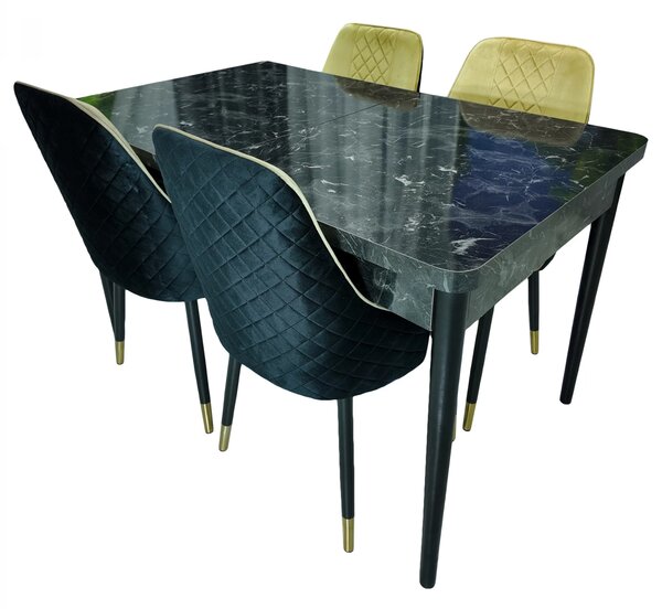 Set masa extensibila Napoli Black Marble cu 4 scaune Modena negru si bej, DENVER, picioare vopsite negru, 130x80x76 cm