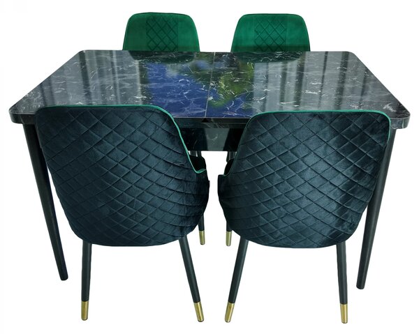 Set masa extensibila Napoli Black Marble cu 4 scaune Modena negru si verde, DENVER, picioare vopsite negru, 130x80x76 cm