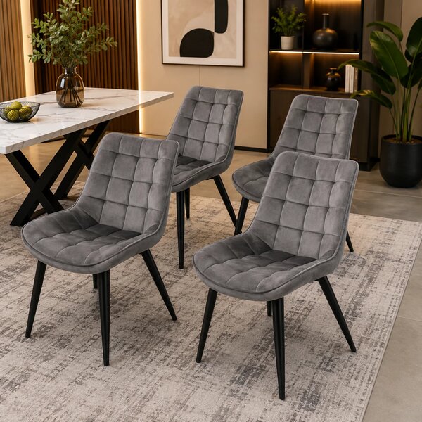 Set 4 scaune Osaka, DENVER, catifea gri, picioare metalice negre, 53x53x86 cm
