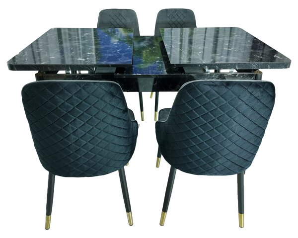 Set masa extensibila Napoli Black Marble cu 4 scaune Modena negru si gri, DENVER, picioare vopsite negru, 130x80x76 cm