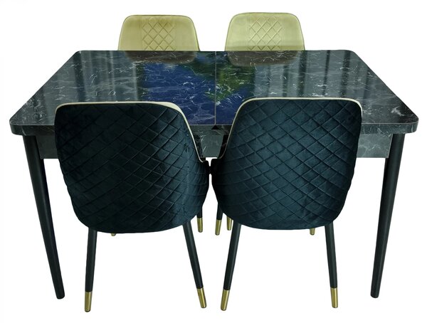 Set masa extensibila Napoli Black Marble cu 4 scaune Modena negru si bej, DENVER, picioare vopsite negru, 130x80x76 cm