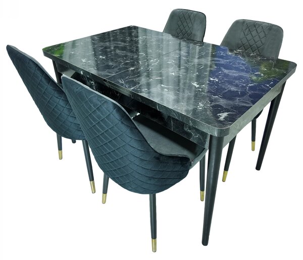 Set masa extensibila Napoli Black Marble cu 4 scaune Modena negru si gri, DENVER, picioare vopsite negru, 130x80x76 cm