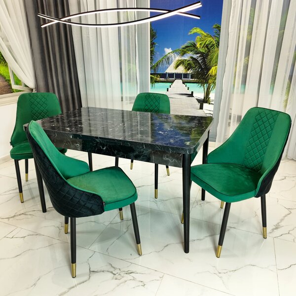 Set masa extensibila Napoli Black Marble cu 4 scaune Modena negru si verde, DENVER, picioare vopsite negru, 130x80x76 cm