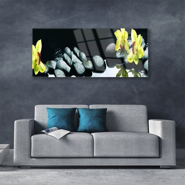Tablou pe sticla Pietrele florale flori galben negru