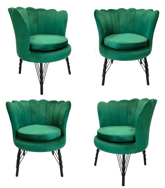 Set 4 fotolii Barcelona, DENVER, catifea verde, perna detasabila, picioare negre, 71x71x79 cm